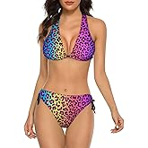 Joyidec Women's Bikini Sets Leopard Rainbow Gradient Two Piece Swimsuit Sexy Swimwear Adjustable Halter String Triangle Bikini Bathing Suit 2XL