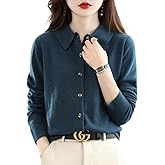 RUCPUW 100% Merino Wool Sweaters Women's Fall Winter Warm Soft Knitted Shirt Lapel Polo Collar Cardigan Long Sleeves