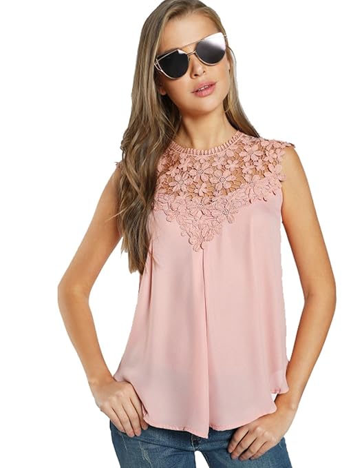 ROMWE Damen Elegant Ärmellos Chiffon Bluse mit Blumen Spitze Shirt Oberteil Bluse