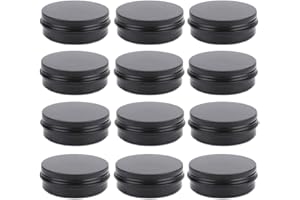 OJYUDD 12 Pack 2 oz Aluminum Tin Jar 60 ml Round Refillable Containers,Black Aluminum Cosmetic Sample Containers with Screw Lid for Spice,Salve,Powder or Candies