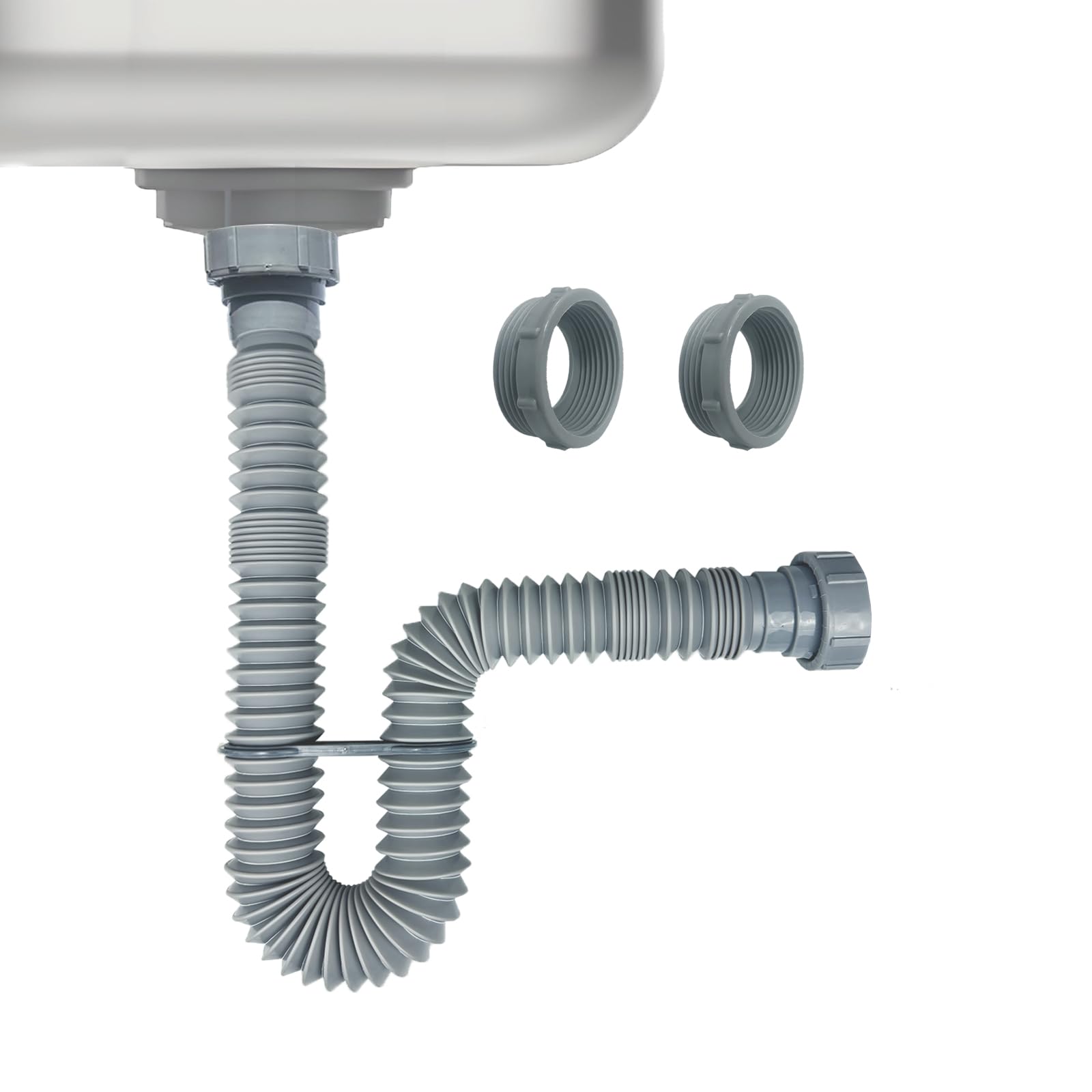 Photo 1 of 1-1/2 Inch Flexible Sink Drain Pipe, Scalable 13-33.5 Inch P Trap Pipe, Kitchen Sink Drain Kit?Bathroom Sink Drain, Contains 1-1/4 Inch Adapter (Gray)