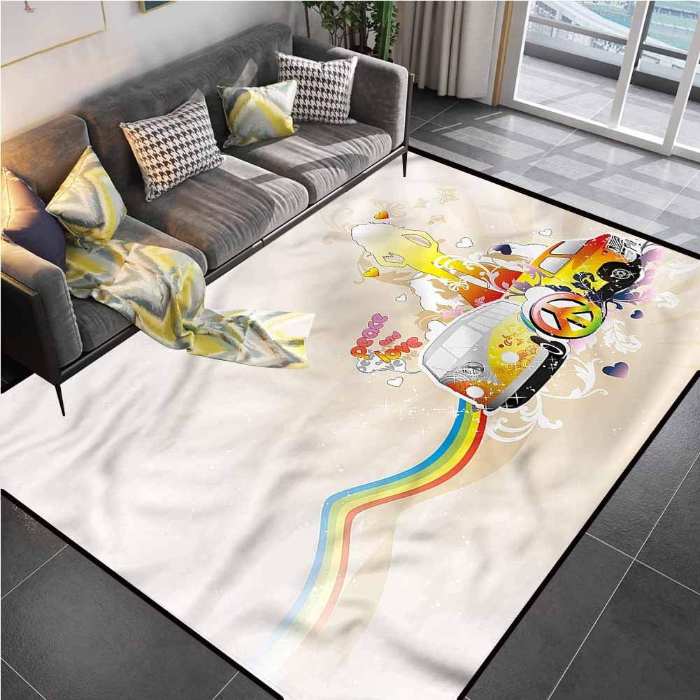 Area Rug Print Large Rug Mat Hippie,Minivan Peace and Love 60s Office Chair mat for Carpet for Living Playing Dorm Room Bedroom 5'x8'