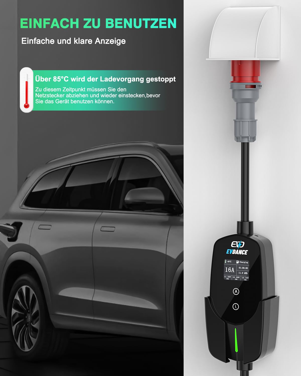 EVDANCE Mobile Wallbox 11kW [7.8m 3-Phasig 6-16A] Typ 2 Ladekabel CEE 16A auf Typ 2 mit Einstellbarer Ladeleistung für Elektroauto 6