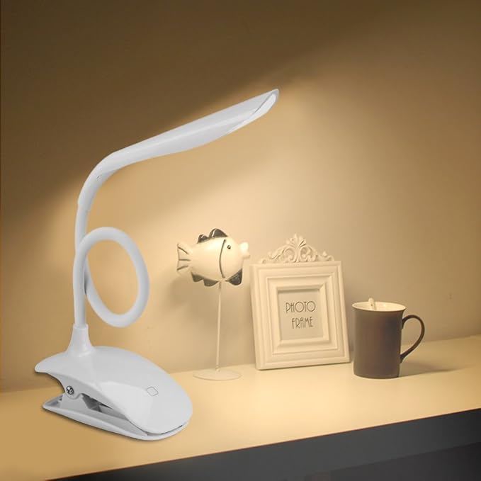 LED Table Clip Lamp, XIAOKOA 360 Degree 3-Level Dimmable Rechargeable Flexible Gooseneck Eye-Caring Desk Lamp, Engery-Efficient Touch-Sensitive Control LED Lamp 14 LEDs USB Powered