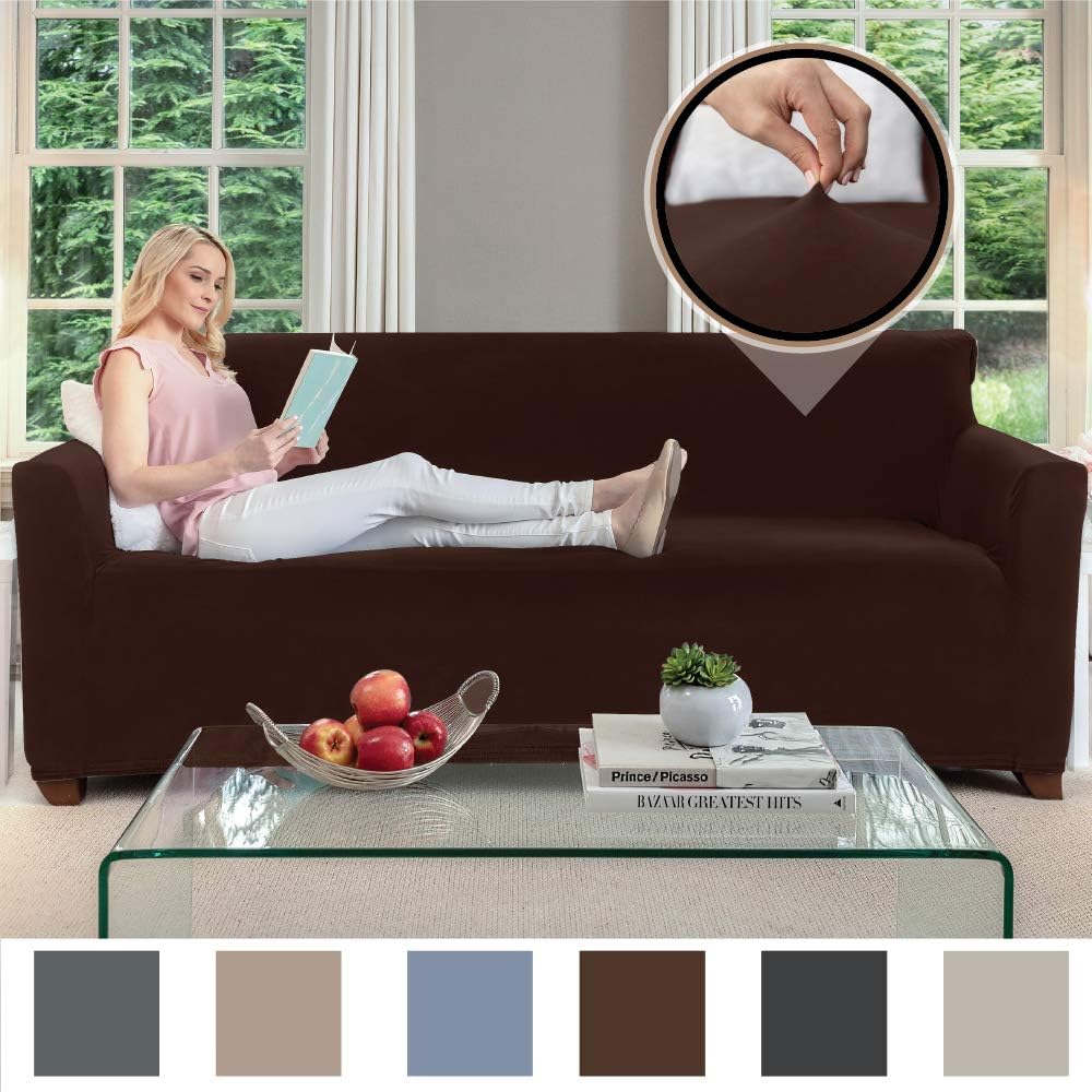 Gorilla Grip Original Fitted Velvet 1 Piece Large Sofa Protector for Seat Width to 70 Inch, Stretch Furniture Slipcover, Fastener Straps, Spandex Couch Slip Cover Throw for Pets, Dogs, Sofa, Chocolate