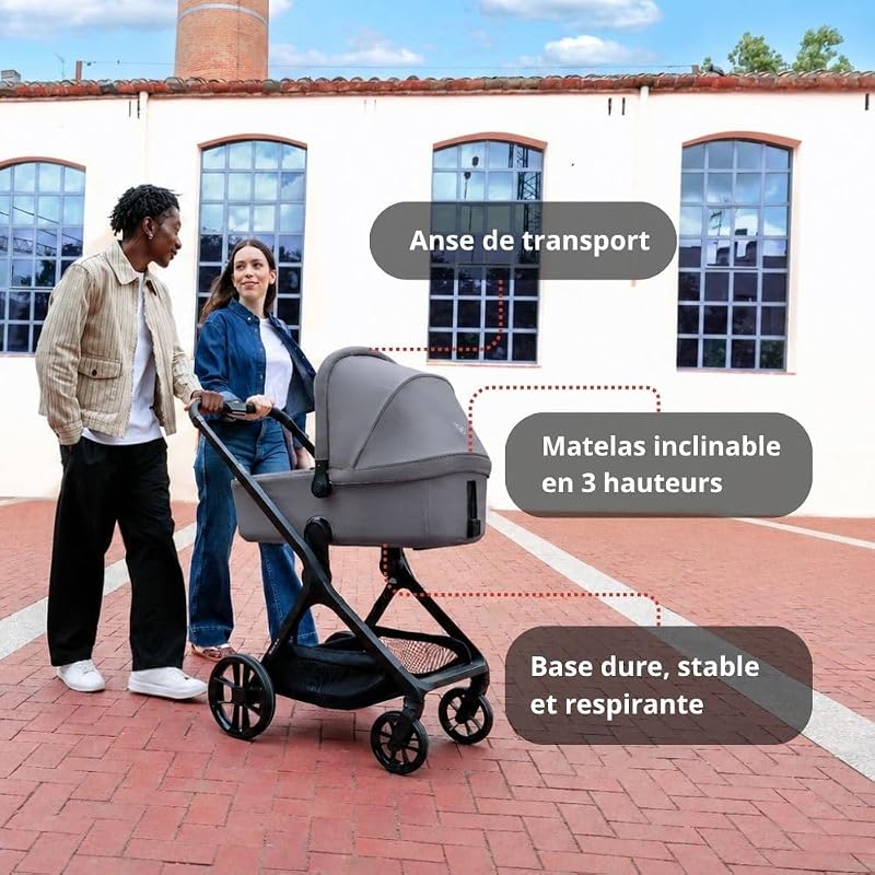 Kombo, Poussette Bébé 2 en 1 avec Nacelle Rigide Réglable en Hauteur et Siège Réversible, Pliage Automatique à Une Main, de la Naissance à 22 kg, Gris
