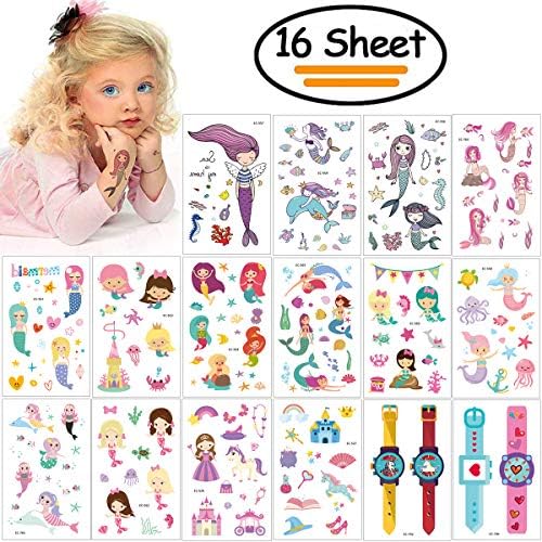 Vibury Mermaid Tattoo Temporary, 16 Sheets Princess Temporary Tattoos For Children Kids Girls Boys, Fake Tattoo Stickers Perfect For Kids Birthday Party Bags Filler