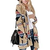 Women Boho Cardigan Aztec Open Front Long Sleeve Shawl Collar Sweater Coat