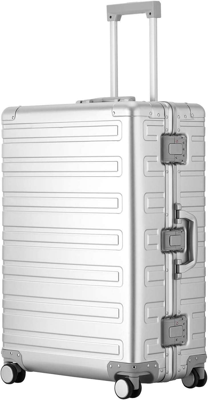 Aluminum Luggage, Hardside Spinner Rolling Checked Suitcase With TSA Lock For Travel (Silver, 26 inch)