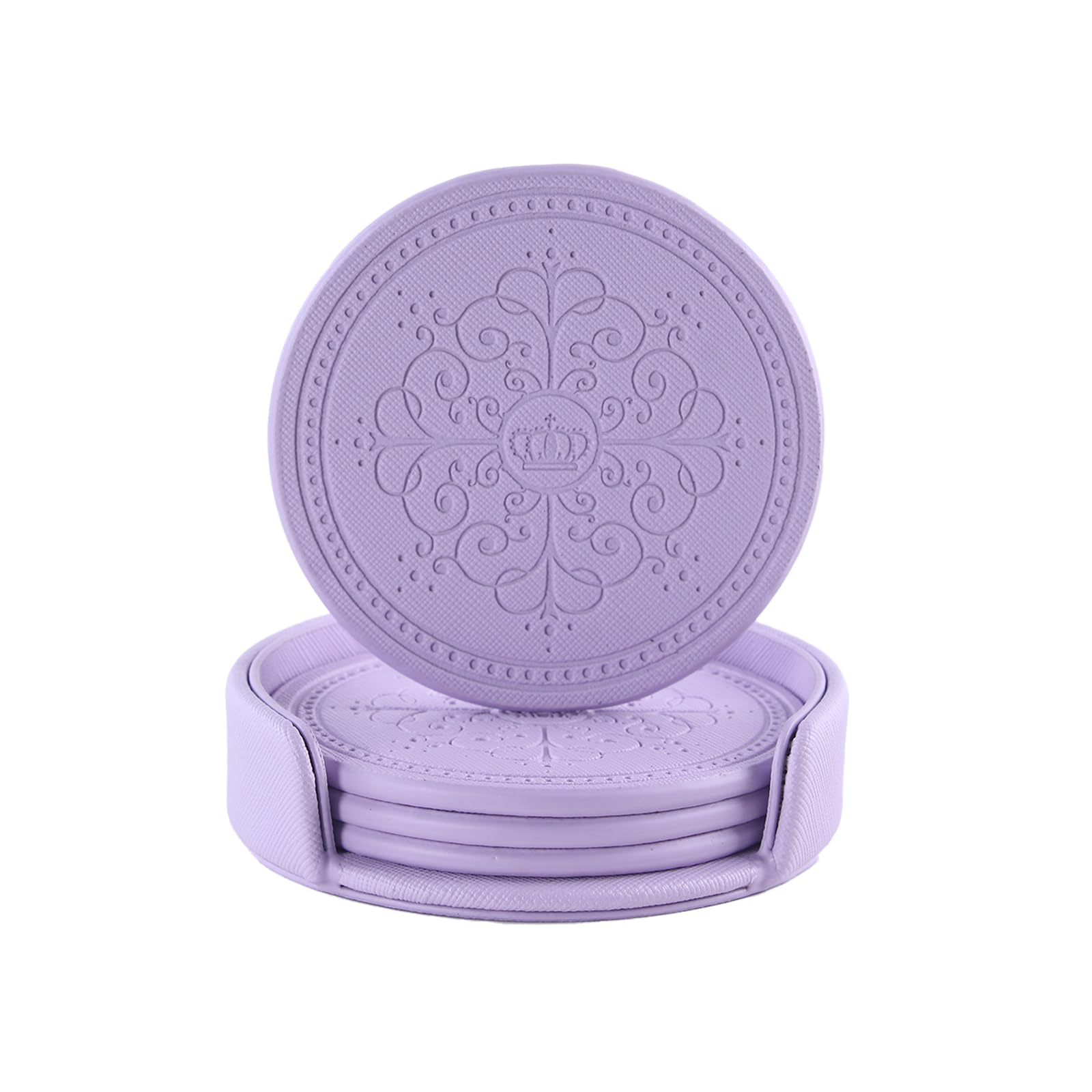LISRSC Coasters Set of 4 - PU Leather Mat with Holder - Purple Round Coasters for Drinks - Coffee Table Pads Set Gifts for Home,Bars,Cafes,Party,Office Decor