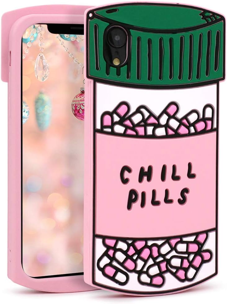 MEGANTREECute iPhone XR Cases, Funny 3D Cartoon Chill Pills Capsule Bottle Soft Silicone Rubber Full Protection Shockproof Case Cover Skin for Kids Girls Women Lady
