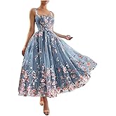 Ftupza Embroidered Tulle Prom Dresses with Pockets Lace Tea Length Formal Dresses A-line Strapless Evening Gowns