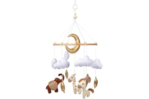 Emmnnic Baby Mobile for Crib - Modern Boho Baby Mobiles for Bassinet - Felt Nursery Mobile Gender Neutral - Safari Animals, Gold Moon and Stars - Girl & Boy Jungle Cribs Decorations