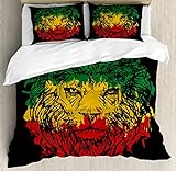Ambesonne Rasta Duvet Cover Set, Ethiopian Flag Colors on Grunge Sketchy Lion Head with Black Backdrop, Decorative 3 Piece Bedding Set with 2 Pillow Shams, Queen Size, Lime Green