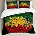 Rasta Queen Size Duvet Cover Set by Ambesonne, Ethiopian Flag Colors on Grunge Sketchy Lion Head with Black Backdrop, Decorative 3 Piece Bedding Set with 2 Pillow Shams, Light Green and Yellow