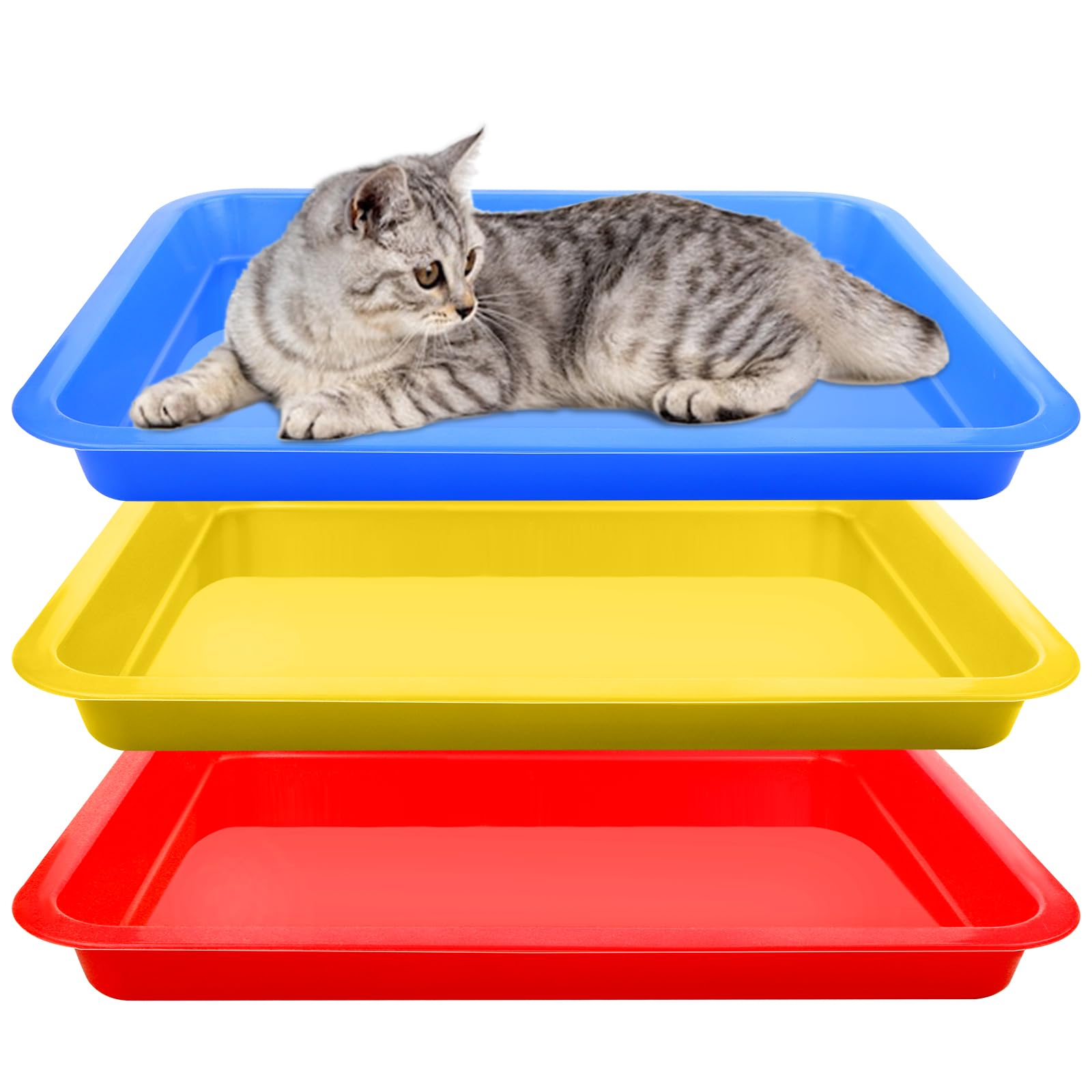 3pcs Large Kitten Litter Tray Open Cat Litter Box Guinea Pig Tray Plastic Shallow Litter Box Small Animal Litter Pan Cat Kitten Puppy Dog Pet Training Supplies, 17.3x13.3x1.57 Inch