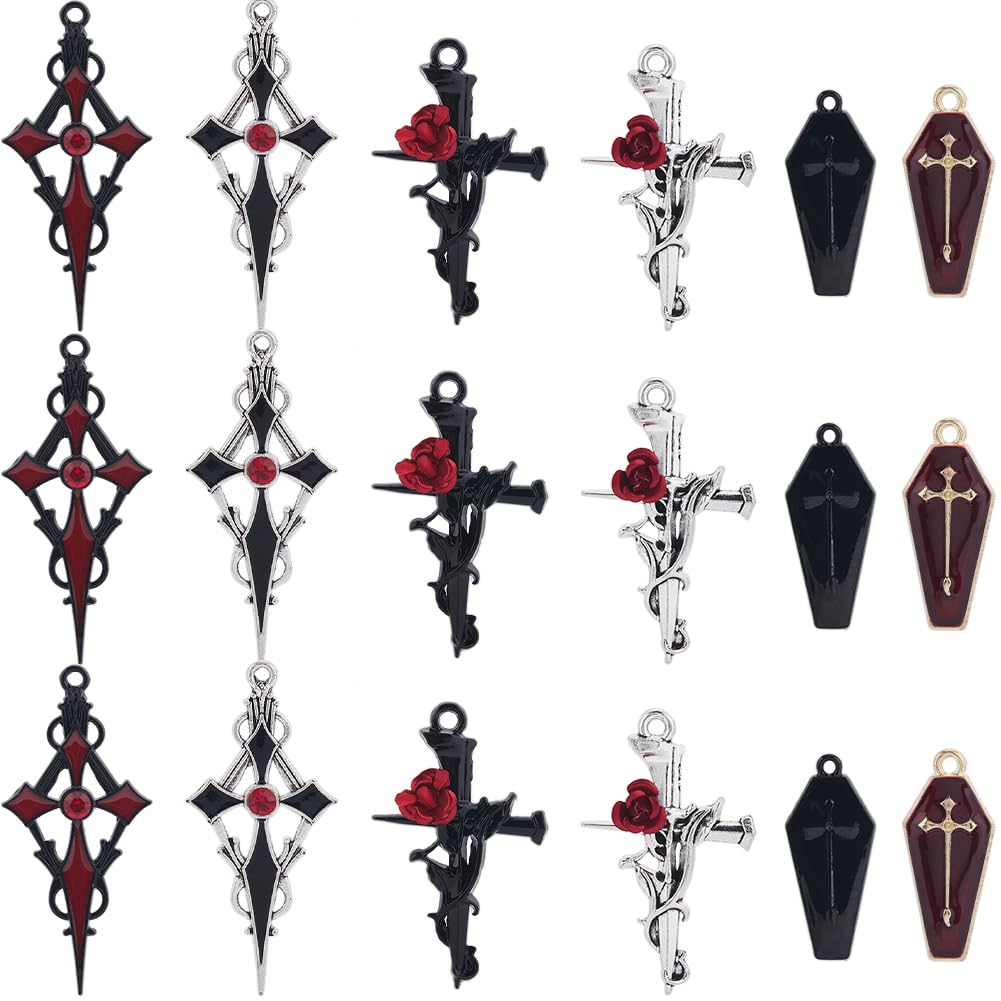 SUNNYCLUE 1 Box 24Pcs 6 Styles Flower Crucifix Charm Red Cross Charms Bulk Metal Brass Enamel Rhinestone Gothic Halloween Black Rose Crosses Charm for jewellery Making Charms Necklace Earrings DIY Cra