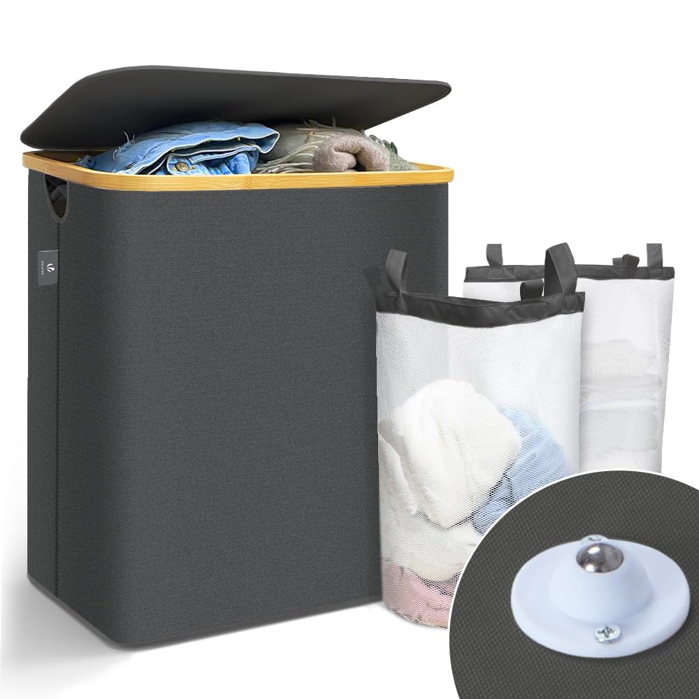 VOUNOT Foldable Laundry Basket 145L with Lid Handles, Collapsible Linen Basket with Inner Laundry Bags Freestanding Laundry Hamper Bin for Bedroom, Bathroom, Grey