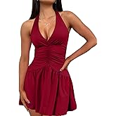 Uni Clau Women's Halter Deep V Neck Backless Ruched Dress Summer Bodycon Party Club Night Out Mini Dress