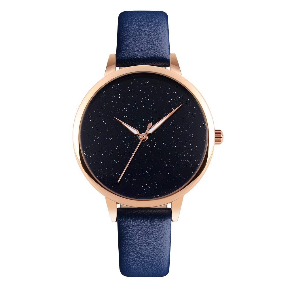 FeiWen Fashion Watch for Women Lady Girl Unique Starry Sky Dial Gold Stainless Steel Case with Leather Band Casual Minimalism Analog Quartz Watches, Blue