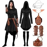 7 PCS Renaissance Costume Women Medieval Hooded Robe Lace Up Dress Renaissance Belt Leather Arm Pouch Accessory