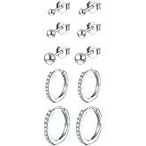Small Sterling Silver Stud Earrings Set Tiny Cartilage Huggie Hoop Earrings Cubic Zirconia Cuff Earrings Silver Hoop Earrings for Women Men