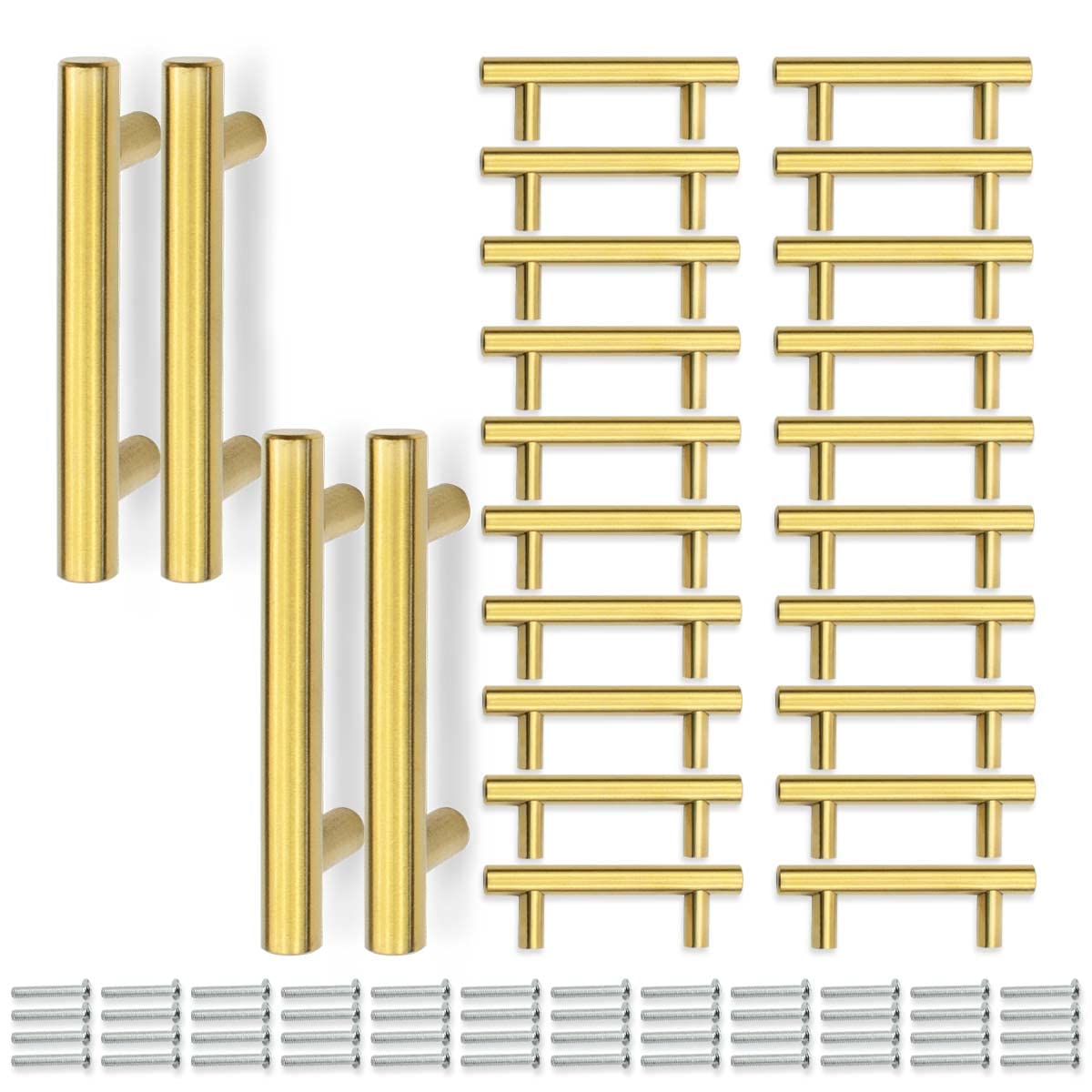 Bwintech 24 Pcs 100MM (64MM Hole Center) Gold Cabinet Pull Handles Kitchen T Bar Handles, Stainless Steel, Ideal for Cabinet, Drawer, Cupboard — image 1