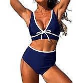 ZAFUL Womens High Waisted Bikini Sets Sexy V Neck Two Piece Swimsuit Cute Bow Ruched Bathing Suit