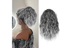 YOLANFAIRY Drawstring Ponytail Extension 12 Inch Wavy Curly Fake Ponytail Hair Extensions Short Synthetic Pony Tails Hair Pieces for Women (Black Mix Gray)