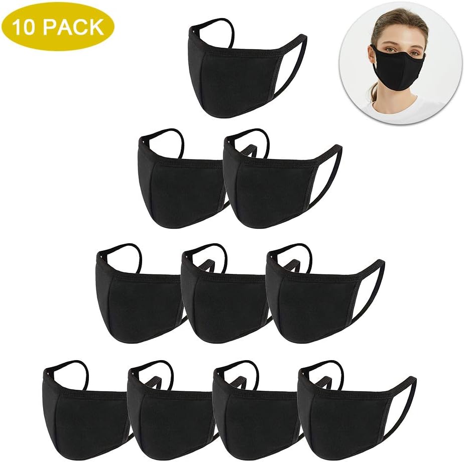 Jenam10 Pcs Unisex Black Cotton Face Mouth Mask Washable Reusable Cloth Face Masks for Men Women, Dust Masks for Outdoor Activities Cycling Camping Gardening Travel
