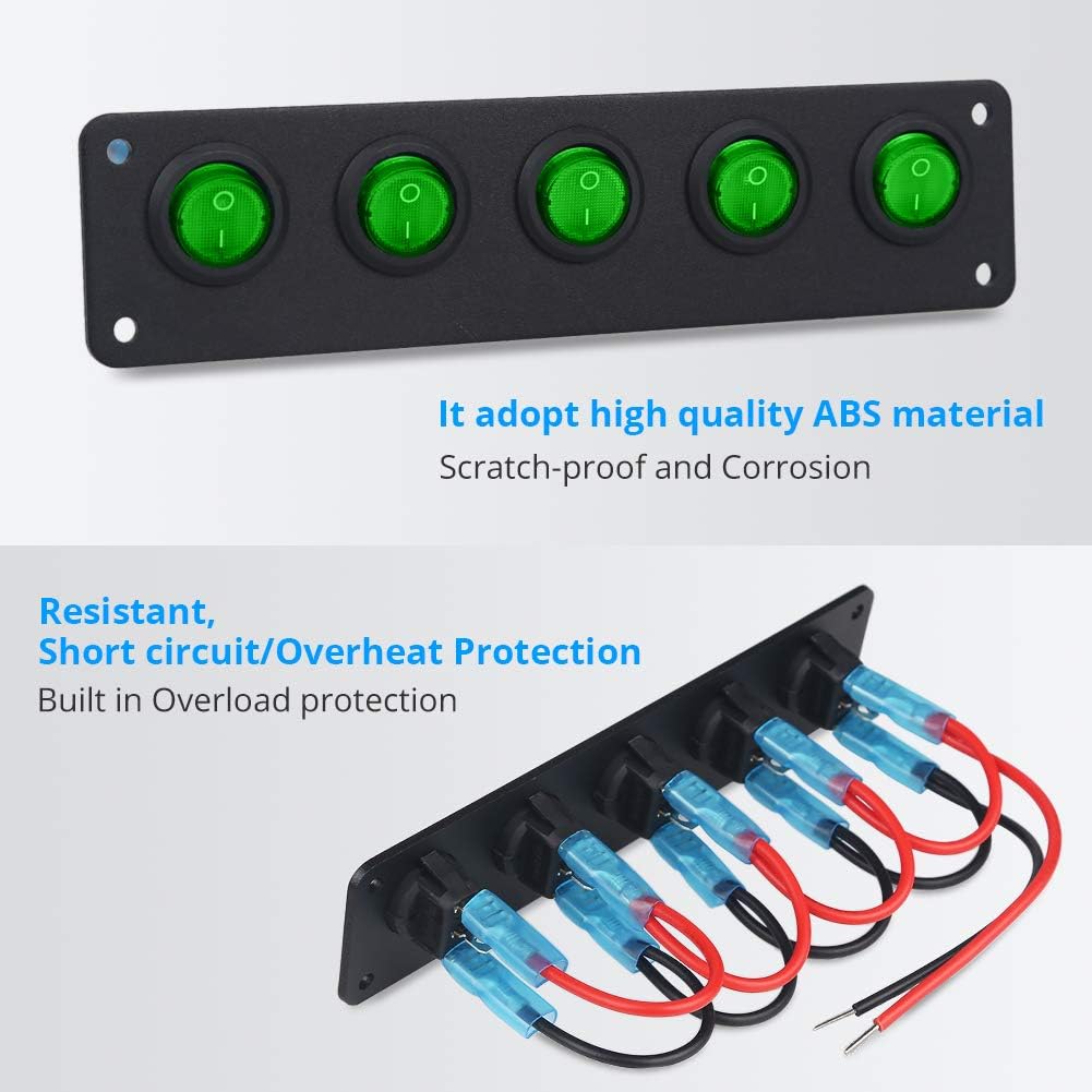 WATERWICH DC 12V-24V 5 Gang ON-Off Buttom Ignition Marine Boat Toggle Rocker Switch Panel Waterproof for RV Car Vehicles Truck Trailer Yacht SUV (5 Gang Green): Automotive
