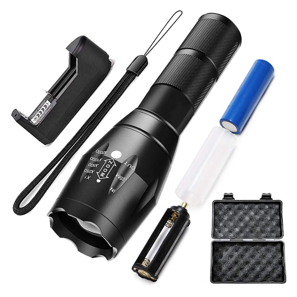 Power King Zoomable Adjustable Focus 5 Modes Flashlight LED Tactical Flashlight Rechargeable Waterproof Adjustable Military Tac Light