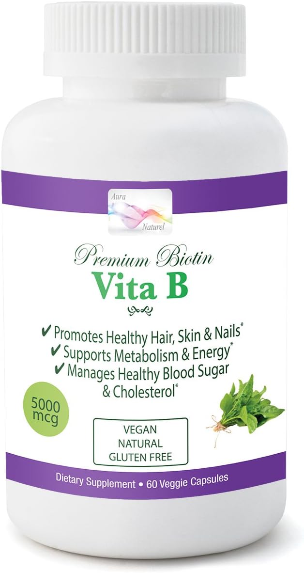 Aura Naturel – Premium Biotin - 5000mcg for Healthy Hair Skin and Nails Vitamins - Prevents Hair Loss & Brittle Nail – Promotes Cell Regeneration – Healthier Skin - 60 Vegetarian Capsules