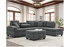 UBGO Sectional, L Shape Modular Storage Ottoman & Chaise, Comfy Oversized Corner Sofa Cup Holder,Fabric Living Room Furniture Couch Sets, Gray Linen