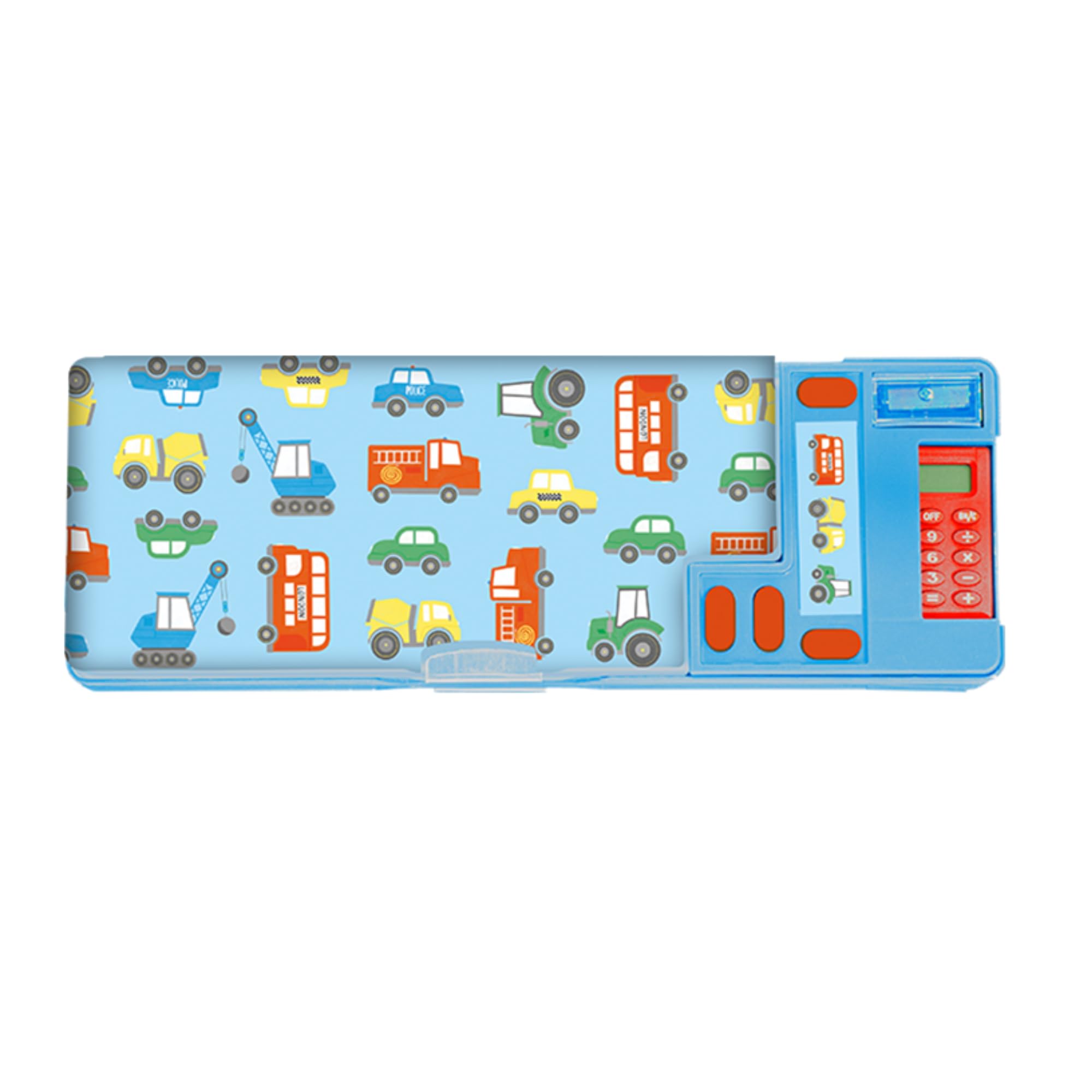 RINCS Essentials Pencil Case for Kids - Includes Calculator, Sharpener, Class Timetable & Stickers, 2 Large Pop Out Compartment with Push Button | Multifunctional Stationery Box (Transport)
