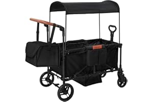 SAFETY CAREYA Stroller Wagon for 4 Kids, Foldable Wagon with Footwell, Lightweight, Adjustable Push and Pull Handles, 5-Point Harness, Adjustable Canopy for Outdoor Adventures