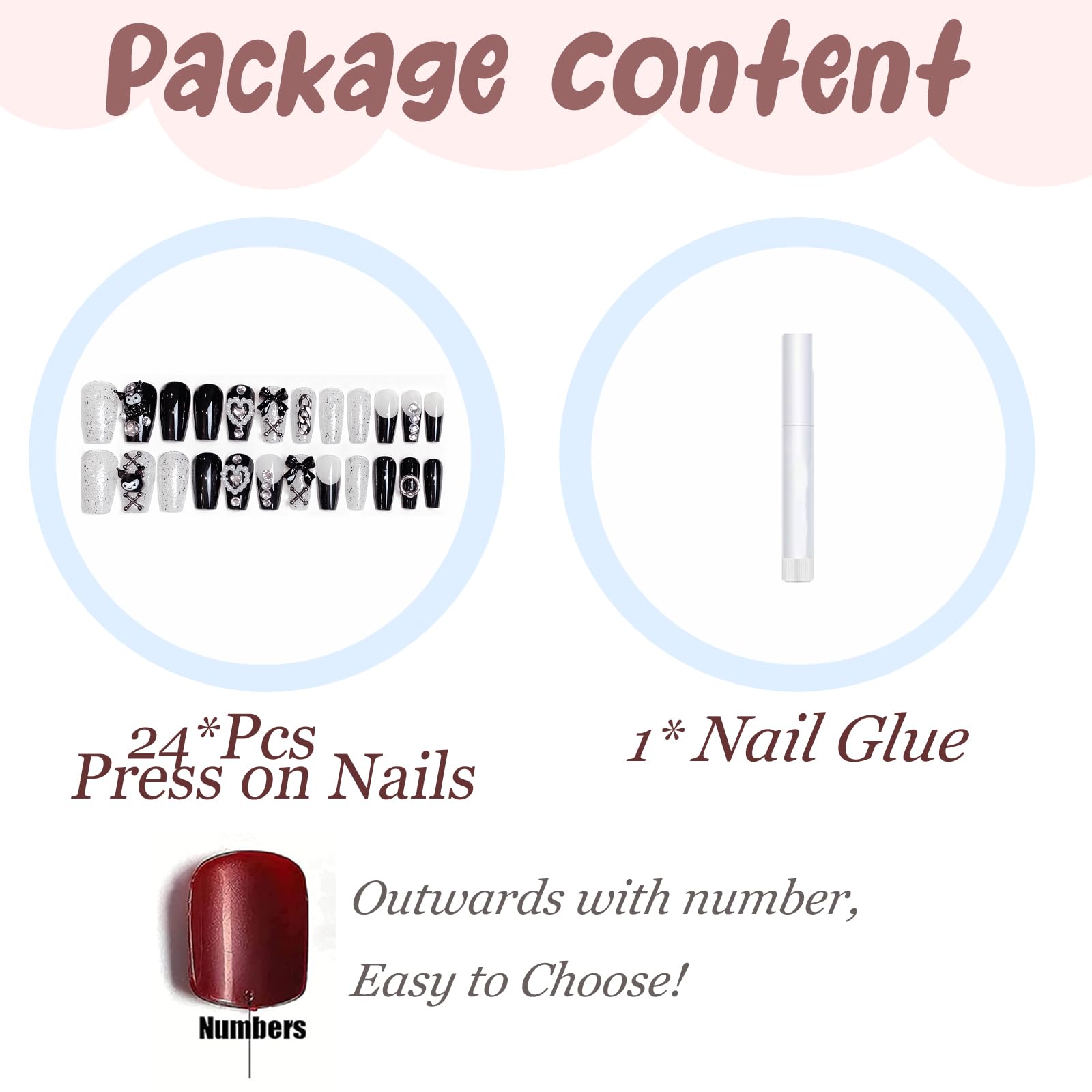 BABALAL Press on Nails Medium Coffin Fake Nails Black French Tip Glue ons Nails Cute Bow Anime Heart Charm Design Acrylic Nails 24Pcs Luxury Bling Ballerina Manicure DIY False Nails - Image 6