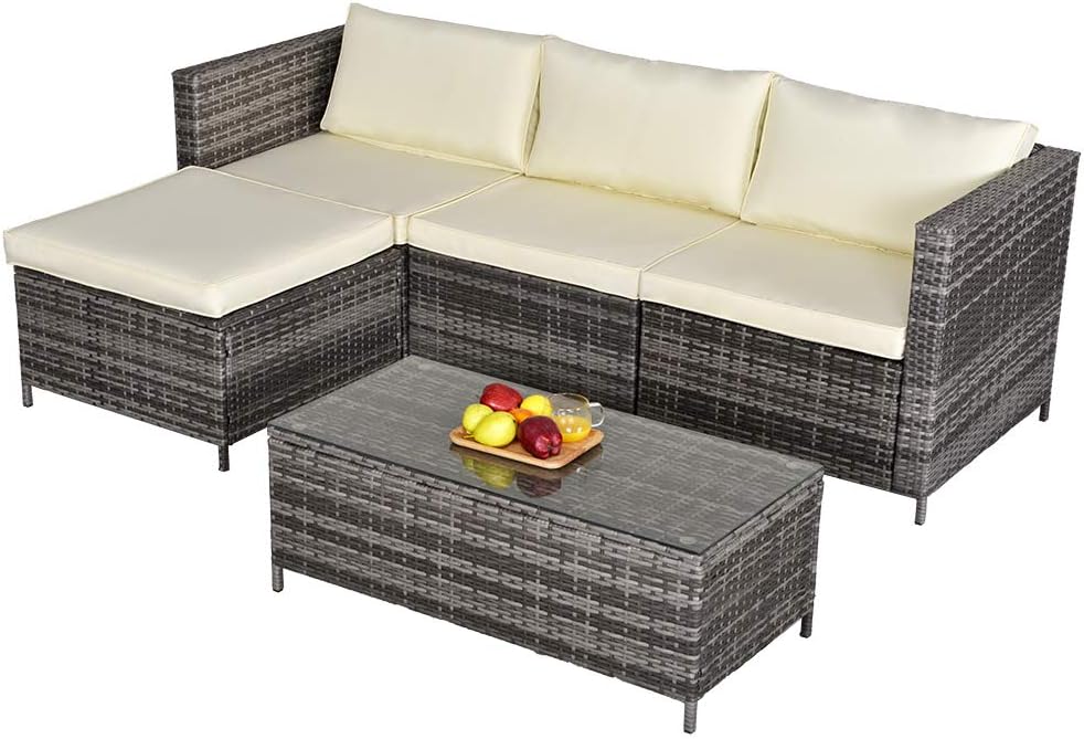 5 Pieces Outdoor Patio Furniture Set, All-Weather Outdoor Small Sectional Patio Sofa Set, Wicker Rattan Patio Sofa Couch Conversation Set w/Ottoman, Cream White Washable Cushions, Grey: Garden & Outdoor
