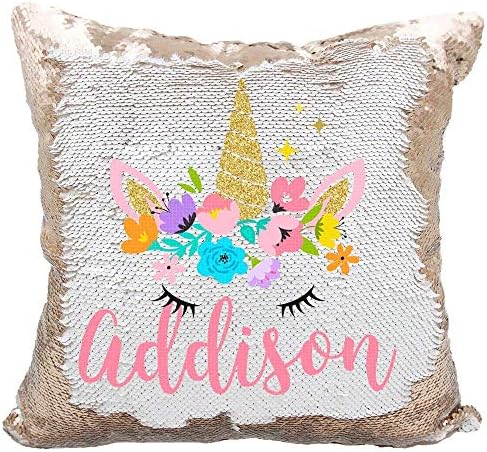 Linkes Personalized Mermaid Reversible Sequin Pillow, Custom Unicorn Sequin Pillow for Girls(White/Rose Gold)