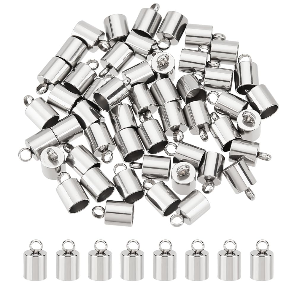 UNICRAFTALE About 50pcs Column End Caps Stainless Steel Cord Ends 5mm Inner Diameter Smooth End Caps Terminators Cord Finding for Jewelry Making Kit, Stainless Steel Color