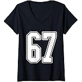 Womens #67 White Outline #67 sports fan jersey style Game Day V-Neck T-Shirt