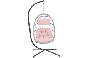 Yechen Egg Hanging Chair with Stand, Patio Wicker Pink Swing Chair Hammock Egg Chairs with UV Resistant Cushion for Indoor Bedroom Outdoor Garden Backyard