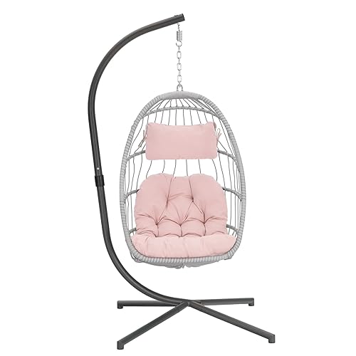 Yechen Egg Hanging Chair with Stand, Patio Wicker Pink Swing Chair
