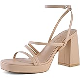 Shoe'N Tale Platform Heels for Women Strappy Block Chunky Heels Square Toe Ankle Buckle Sandals
