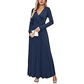 OUGES Women's Long/Short Sleeve V-Neck Wrap Waist Maxi Dress