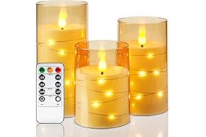 Amagic Flameless Candles 3 Set, Flickering Battery Operated Candles Embedded Fairy String Light, Realistic Pillar Candle with Remote Control and Timer, Acrylic Amber Gold, D3 x H4 5" 6"