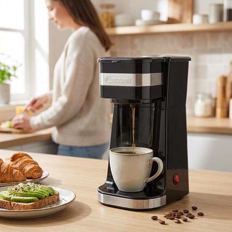 Caffettiera con tazza isolata, caffettiera da campeggio per caffè macinato con filtro, piccola caffettiera per 2 tazze grandi, 750 watt, acciaio inox, colore: argento