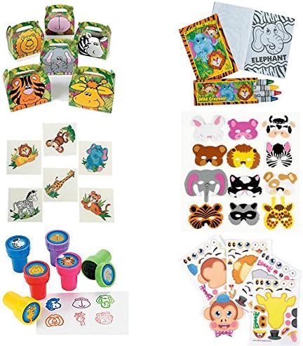 Jungle Theme Party Supplies Bundle (134 Items): Includes Zoo Animal Treat Box, Animal Form Mask, Animal Tattoos, Animal Stampers, and Make Zoo Animal Stickers.