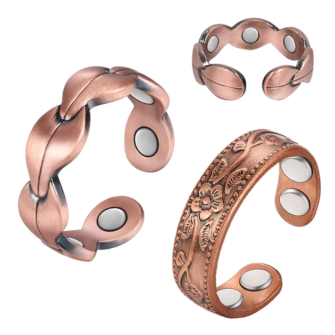 Vicmag 2PCS Copper Rings for Women Ultra Strength Magnetic 99.99% Solid Pure Copper Adjustable with Gift Box (2 pcs Leaf & Flower)