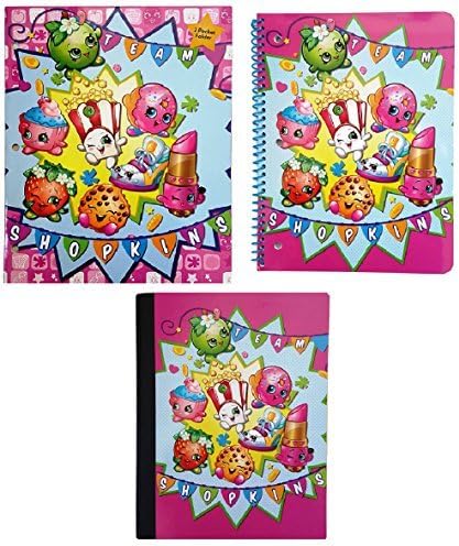 Shopkins Back to School Supplies "Go Team" Theme Bundle of 3: One 2-Pocket Glossy Portfolio Folder, One 70 Sheet Wide Ruled Spiral Notebook and One 100 Sheet Wide Ruled Composition Book